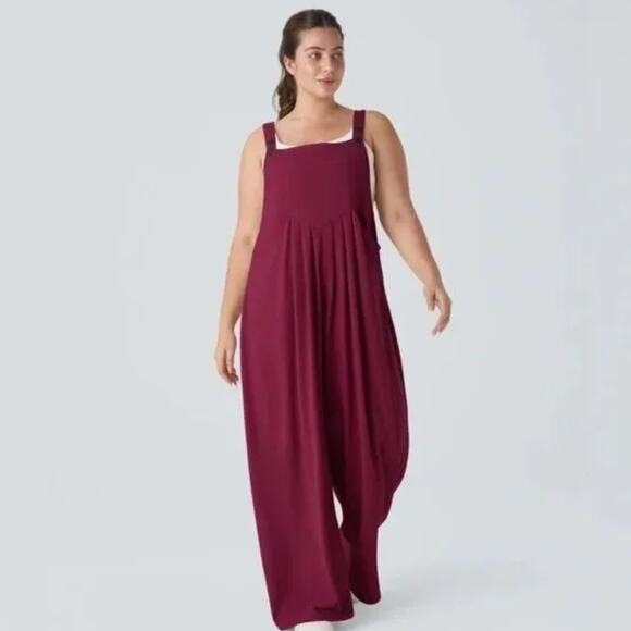Halara Wide Leg Overalls Jumpsuit Women Small Burgundy Pockets Boxy Relaxed Fit - Picture 1 of 11